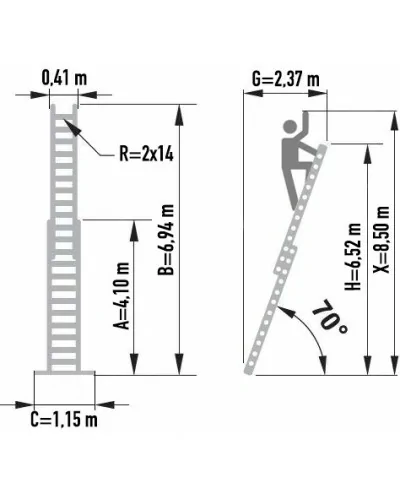 Schemat z wymiarami drabiny 8814.