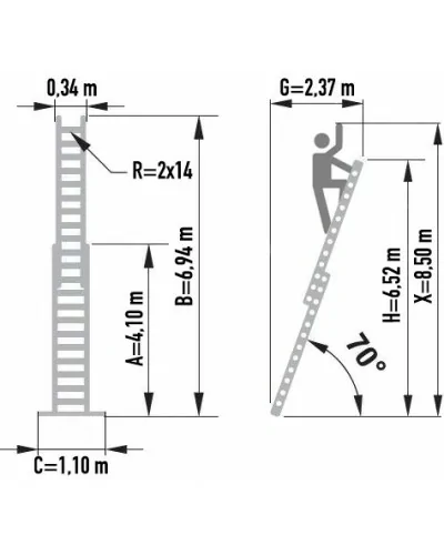 Schemat z wymiarami drabiny 8314.