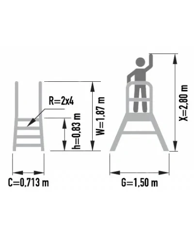 Schemat z wymiarami drabiny 9704.