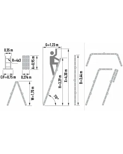 Schemat z wymiarami drabiny 4410.