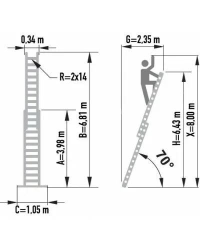 Schemat z wymiarami drabiny 7314.